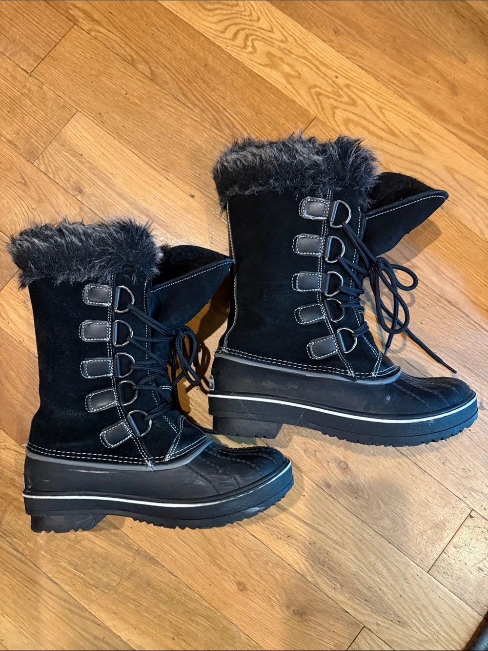 Waterproof Black Faux-Fur Lace-Up Winter Boots